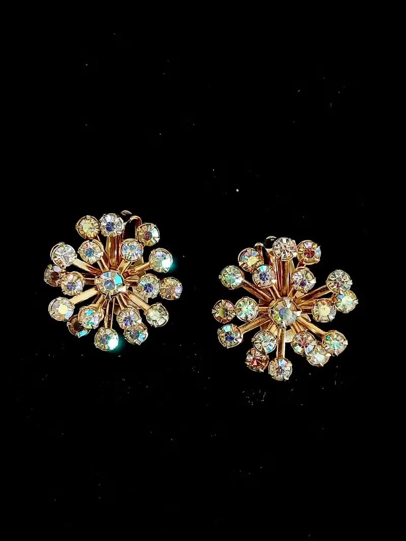 vintage jewelry  絢麗滿天星七彩萊茵 夾式耳環