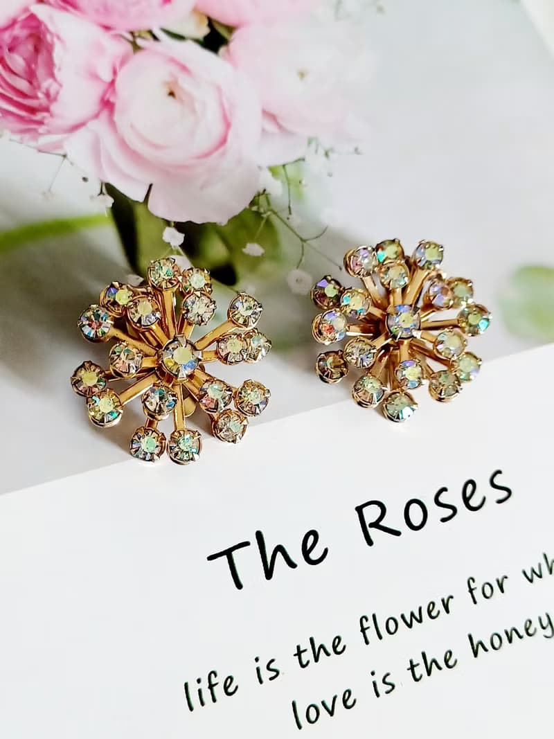 vintage jewelry  絢麗滿天星七彩萊茵 夾式耳環