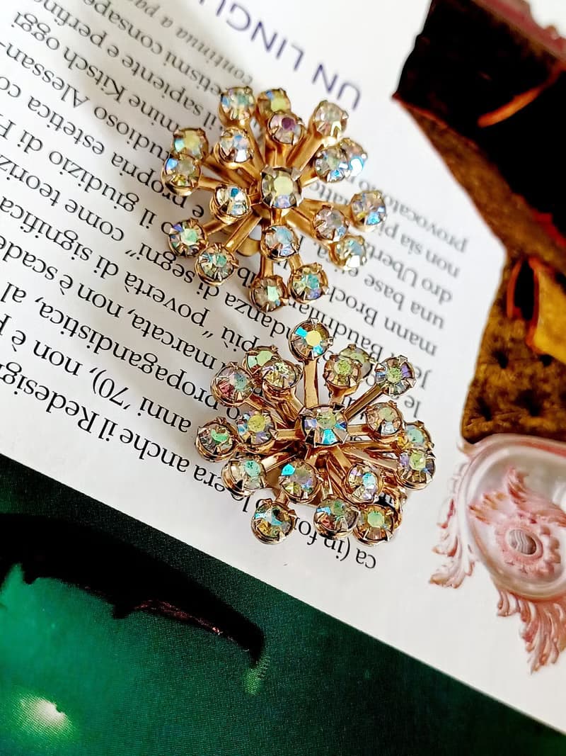vintage jewelry  絢麗滿天星七彩萊茵 夾式耳環
