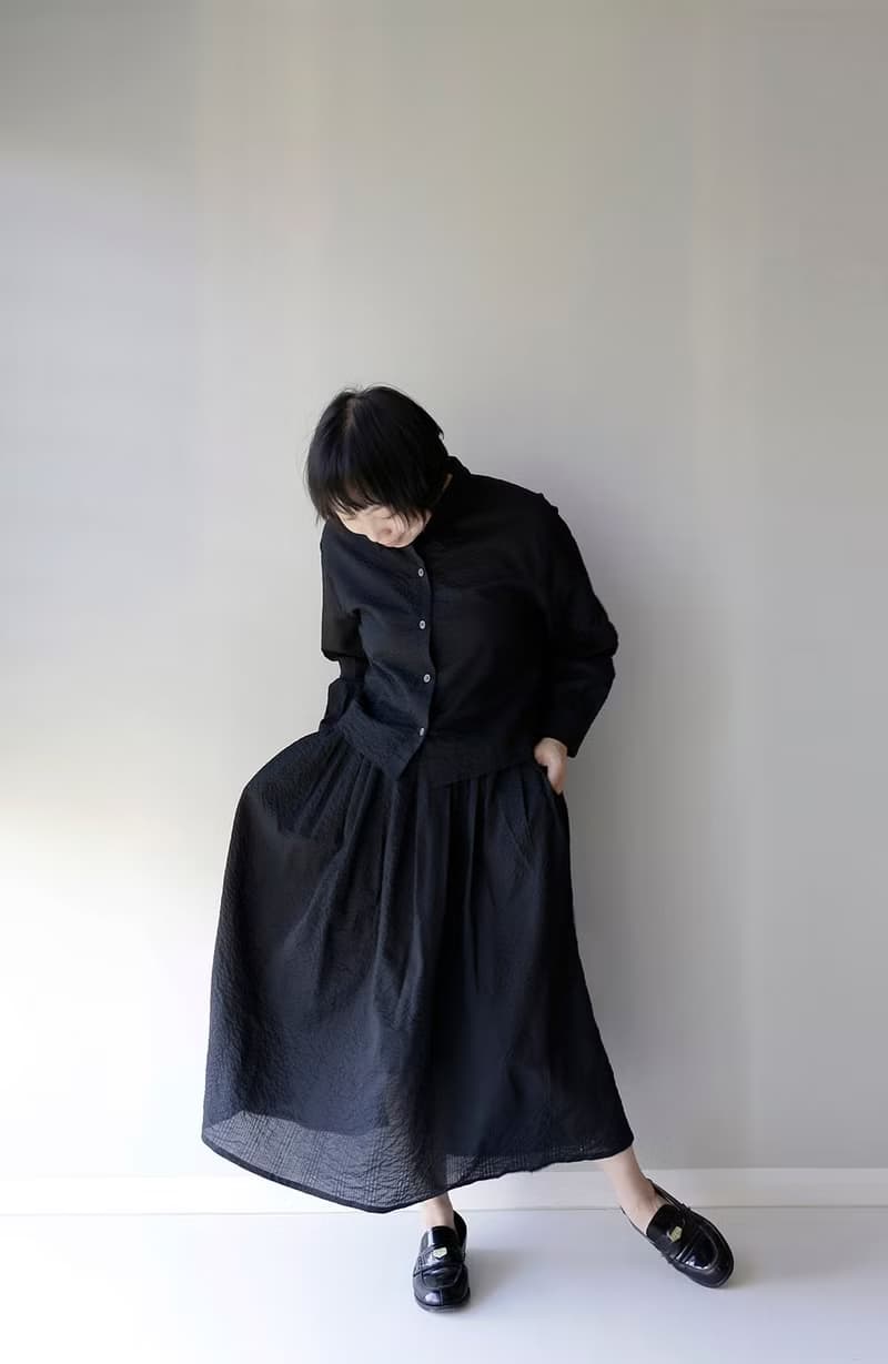 高級Chill  日本小紋黑色泡泡棉 方領長袖襯衫