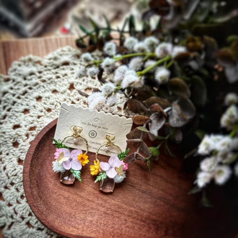 森系真花水鑽耳環