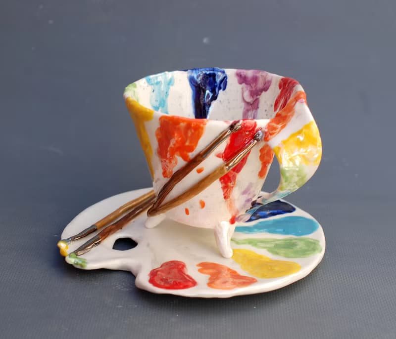Tea cup and saucer set Artists palette Coffee mug and plate Handmade