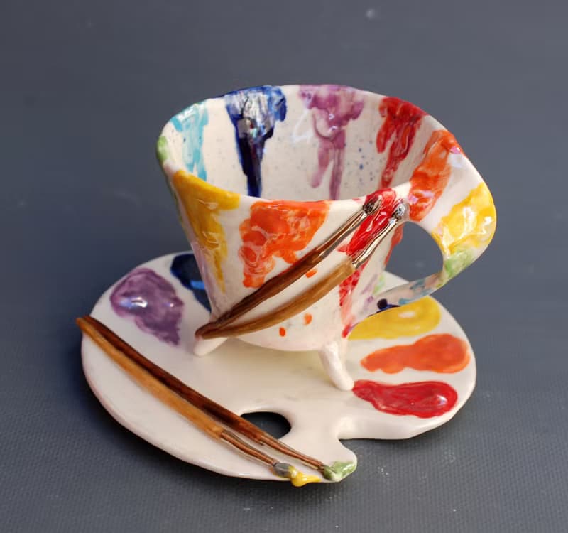 Tea cup and saucer set Artists palette Coffee mug and plate Handmade