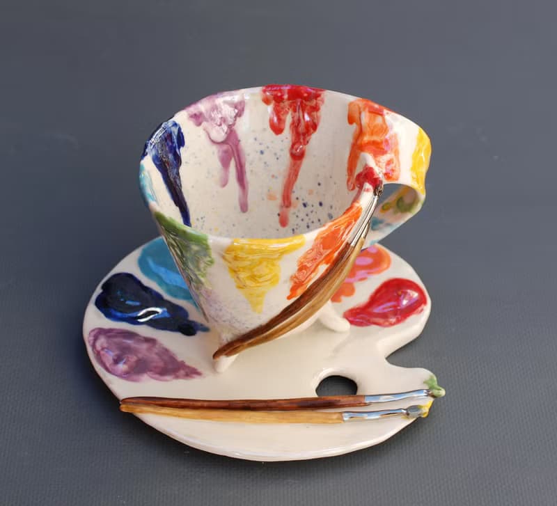 Tea cup and saucer set Artists palette Coffee mug and plate Handmade