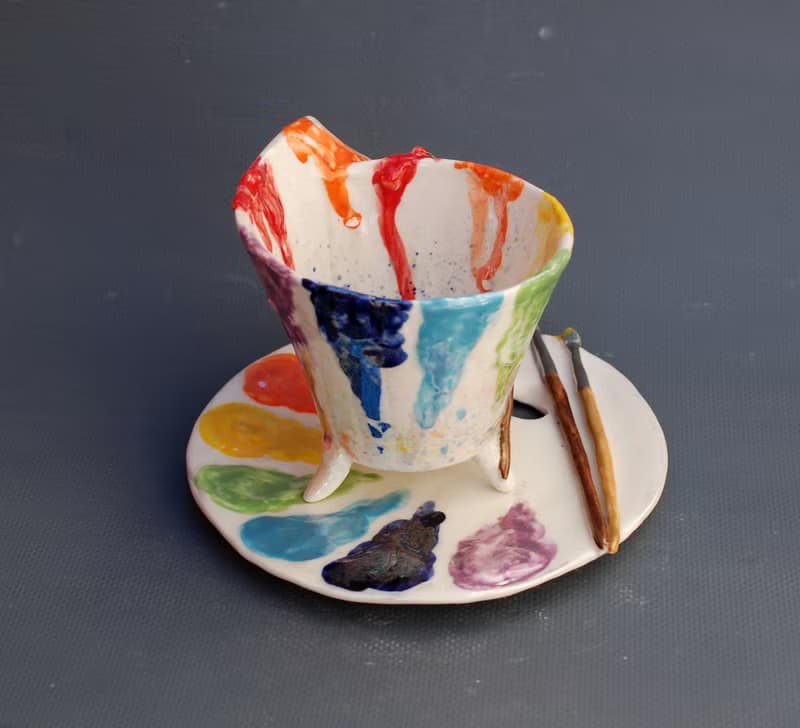 Tea cup and saucer set Artists palette Coffee mug and plate Handmade