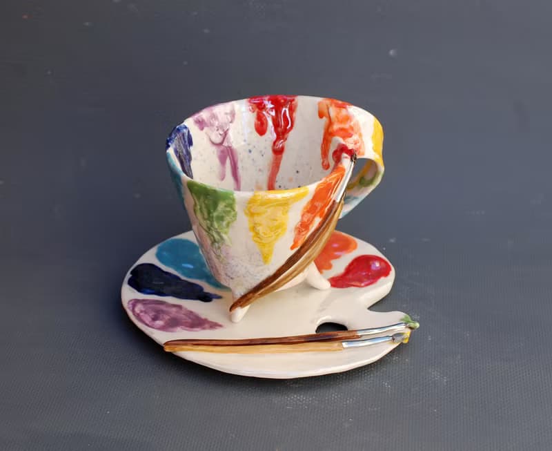 Tea cup and saucer set Artists palette Coffee mug and plate Handmade