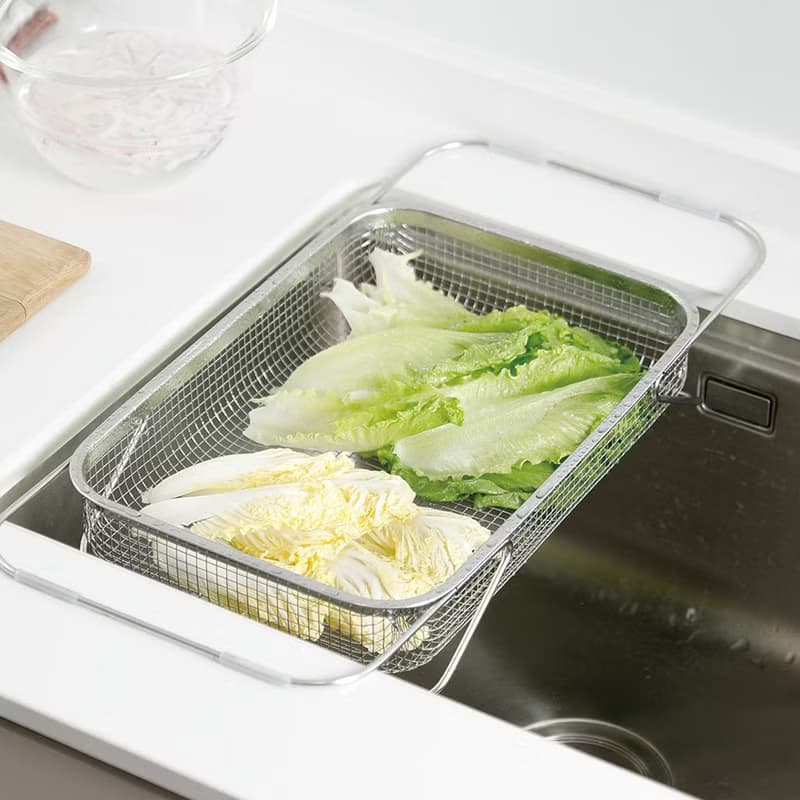 日本霜山 304不鏽鋼水槽用伸縮式蔬果/餐具瀝水籃-大