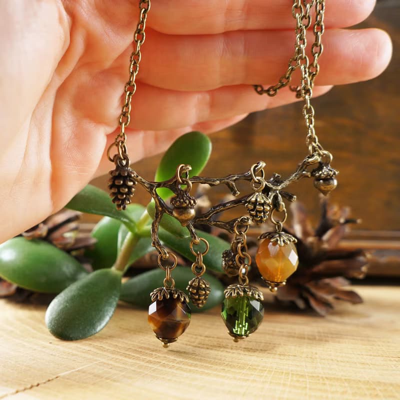 Green Brown Beige Glass Bronze Acorn Branch Pine Cone Pendant Necklace Jewelry