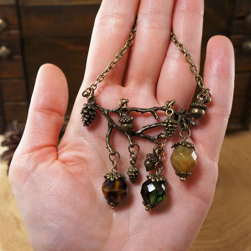 Green Brown Beige Glass Bronze Acorn Branch Pine Cone Pendant Necklace Jewelry