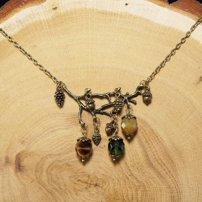 Green Brown Beige Glass Bronze Acorn Branch Pine Cone Pendant Necklace Jewelry