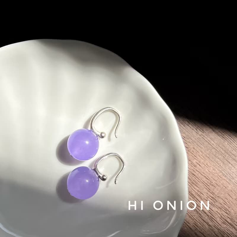 Hi Onion暮山紫原創小眾設計復古翡翠耳環S925銀耳鉤耳夾新中式