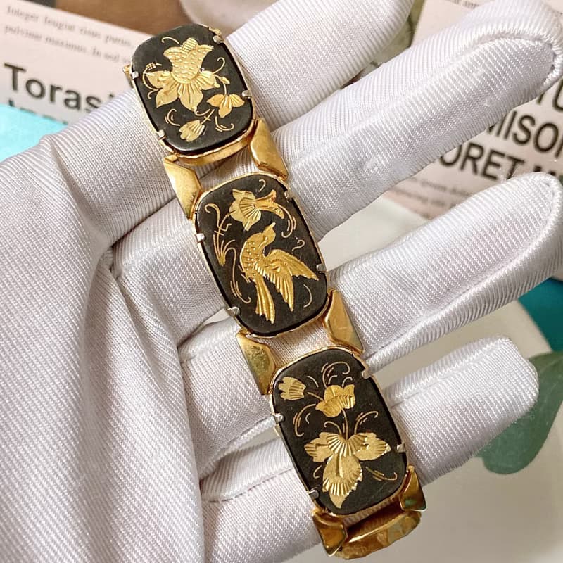 【西洋古董飾品】西班牙大馬士革24K工藝 厚磅花鳥卡扣手鍊手環