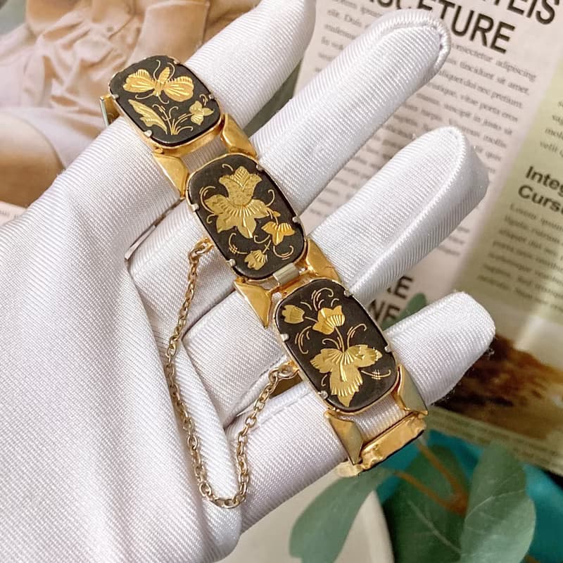 【西洋古董飾品】西班牙大馬士革24K工藝 厚磅花鳥卡扣手鍊手環