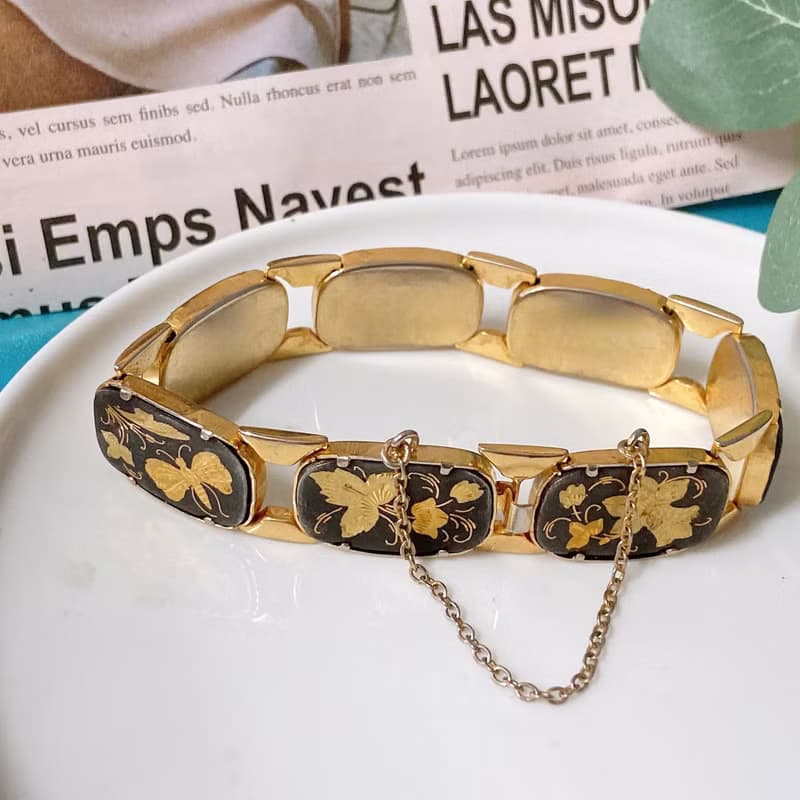 【西洋古董飾品】西班牙大馬士革24K工藝 厚磅花鳥卡扣手鍊手環