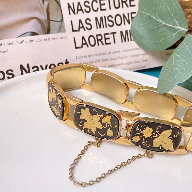 【西洋古董飾品】西班牙大馬士革24K工藝 厚磅花鳥卡扣手鍊手環