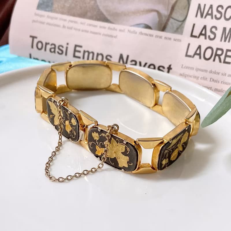 【西洋古董飾品】西班牙大馬士革24K工藝 厚磅花鳥卡扣手鍊手環