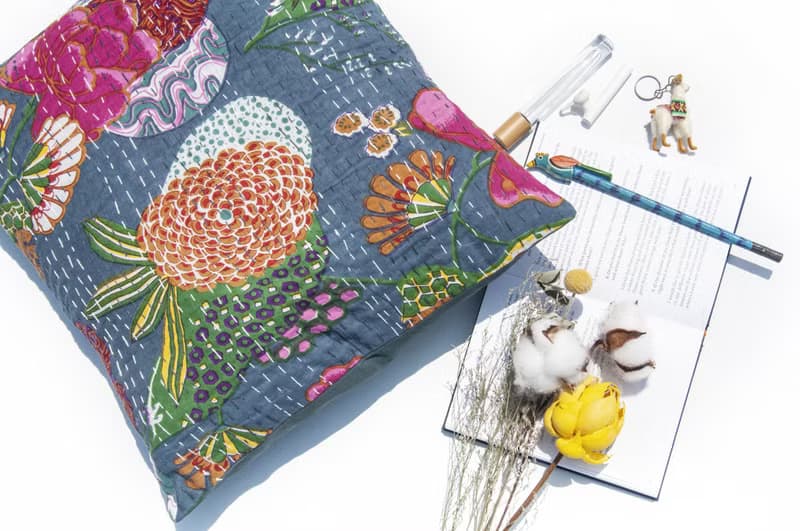 花朵刺繡抱枕套 純棉抱枕套 民族風抱枕套-西班牙風灰藍花朵森林