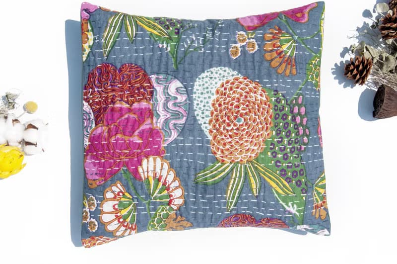 花朵刺繡抱枕套 純棉抱枕套 民族風抱枕套-西班牙風灰藍花朵森林