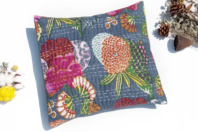 花朵刺繡抱枕套 純棉抱枕套 民族風抱枕套-西班牙風灰藍花朵森林