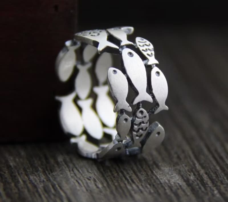 Real S990 Fine Silver Women Lovely Fishes Rings Handmade Engrave Animal Finger