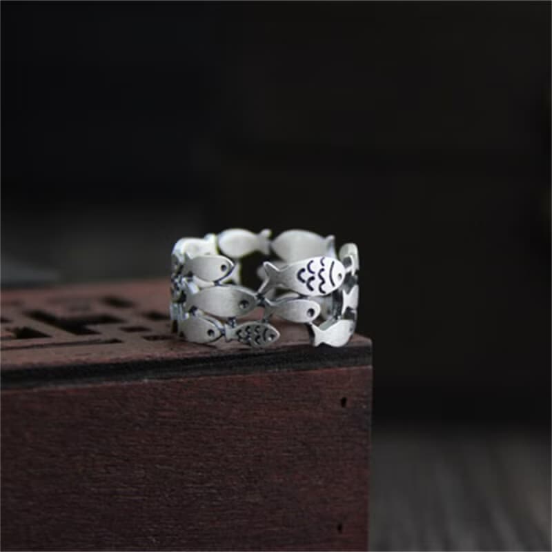 Real S990 Fine Silver Women Lovely Fishes Rings Handmade Engrave Animal Finger