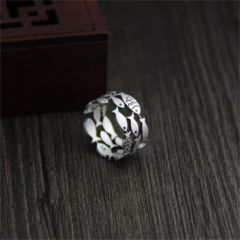 Real S990 Fine Silver Women Lovely Fishes Rings Handmade Engrave Animal Finger