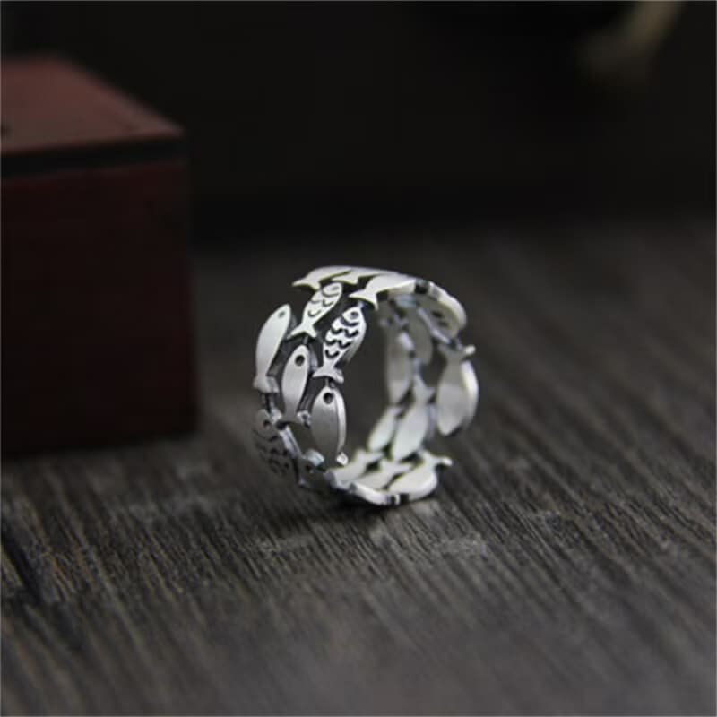 Real S990 Fine Silver Women Lovely Fishes Rings Handmade Engrave Animal Finger