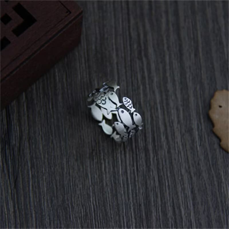 Real S990 Fine Silver Women Lovely Fishes Rings Handmade Engrave Animal Finger