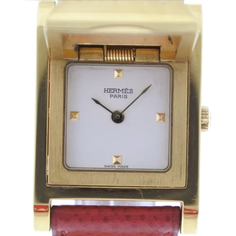 【日本直送】エルメス HERMES メドール 腕時計 金メッキ × レザー ゴールド  クオーツ 白文字盤 レディース【中古】