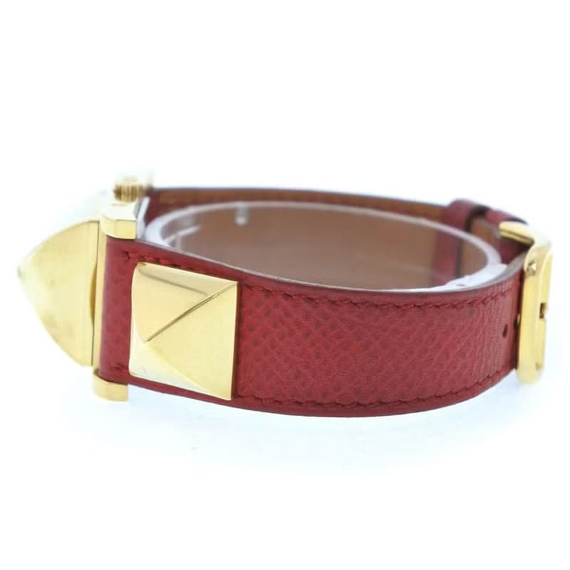 【日本直送】エルメス HERMES メドール 腕時計 金メッキ × レザー ゴールド  クオーツ 白文字盤 レディース【中古】