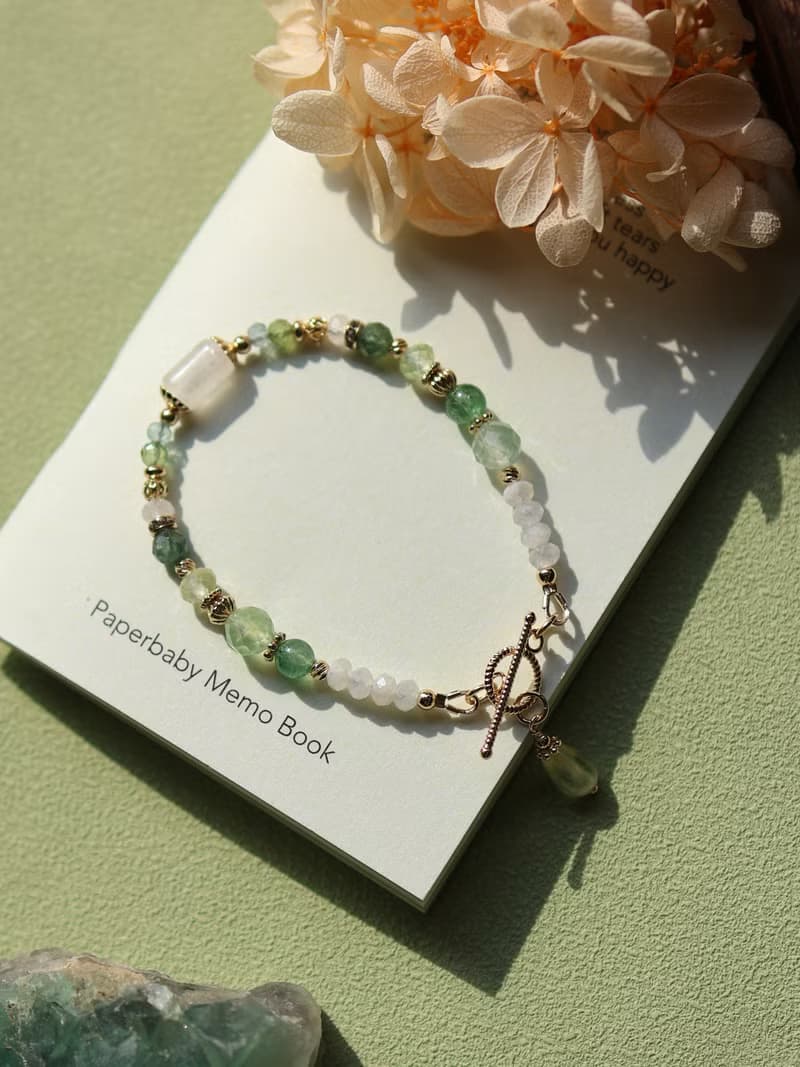 墨綠之森。葡萄石水滴 月光石 磷灰石 14K包金 水晶礦石手鍊