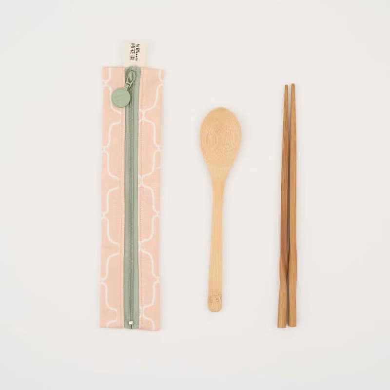 拉鏈餐具袋(含餐具)/鐵花窗5號/珊瑚橘粉/鳥語花窗