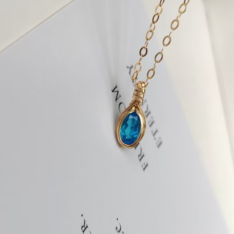 天然磷灰石吊墜 帕拉伊巴色磷灰石項鍊 手工14KGF鎖骨鏈