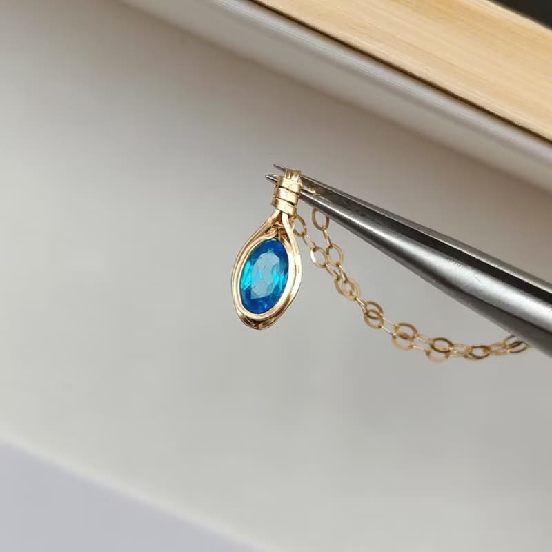 天然磷灰石吊墜 帕拉伊巴色磷灰石項鍊 手工14KGF鎖骨鏈