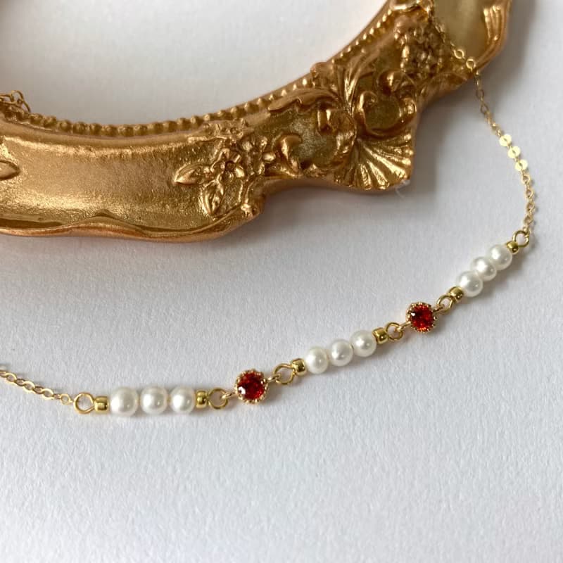 14K包金 天然珍珠紅鋯石手鍊 手環 細手鍊 項鍊 鎖骨鏈