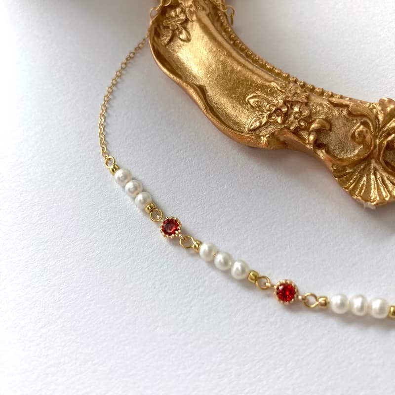 14K包金 天然珍珠紅鋯石手鍊 手環 細手鍊 項鍊 鎖骨鏈