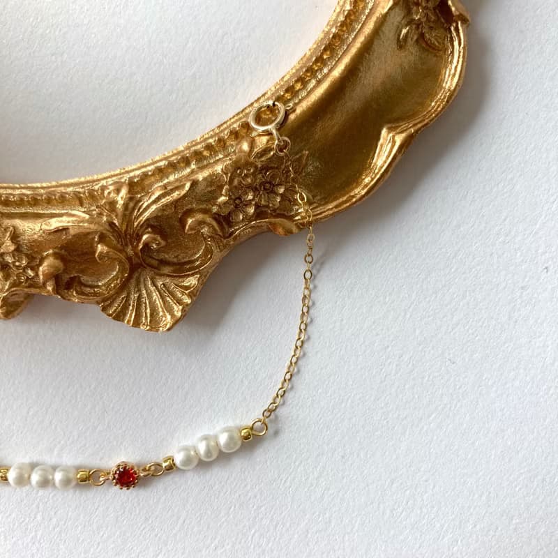 14K包金 天然珍珠紅鋯石手鍊 手環 細手鍊 項鍊 鎖骨鏈