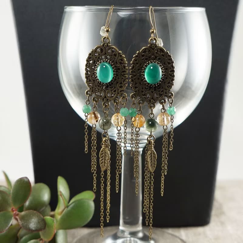 Green Agate Earrings Yellow Rutile Quartz Bronze Large Long Earrings Jewelry