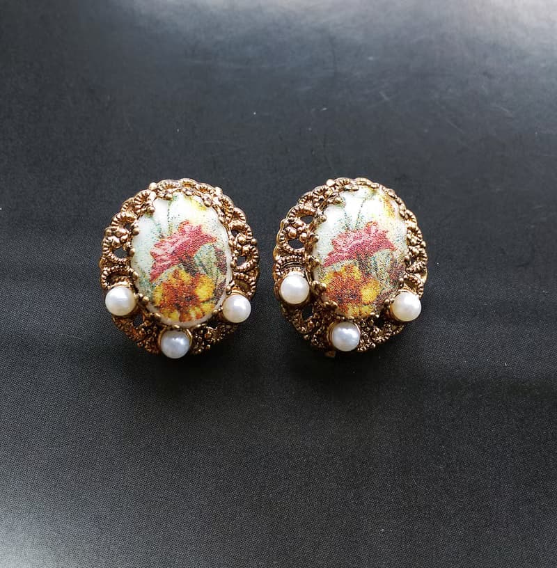 【西洋古董飾品 】西德製 花絲 花卉 典雅 夾式耳環