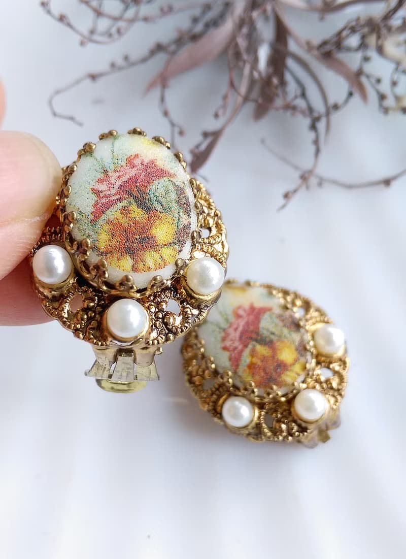 【西洋古董飾品 】西德製 花絲 花卉 典雅 夾式耳環