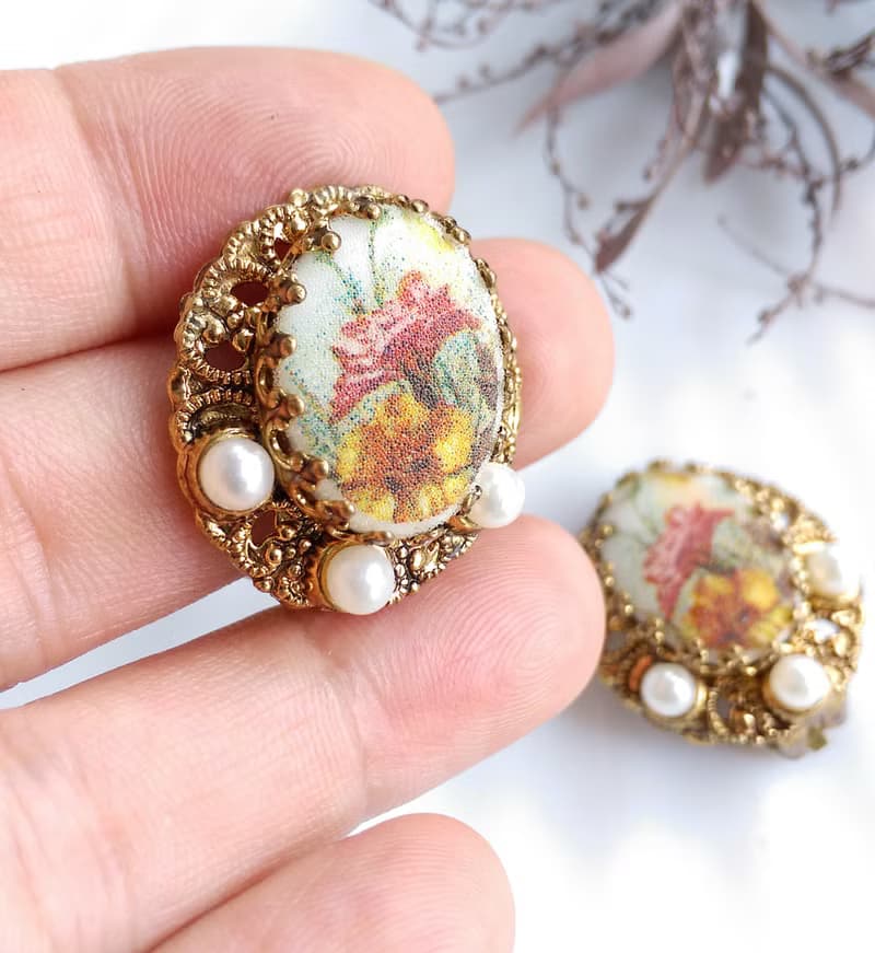 【西洋古董飾品 】西德製 花絲 花卉 典雅 夾式耳環