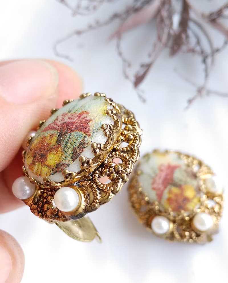 【西洋古董飾品 】西德製 花絲 花卉 典雅 夾式耳環
