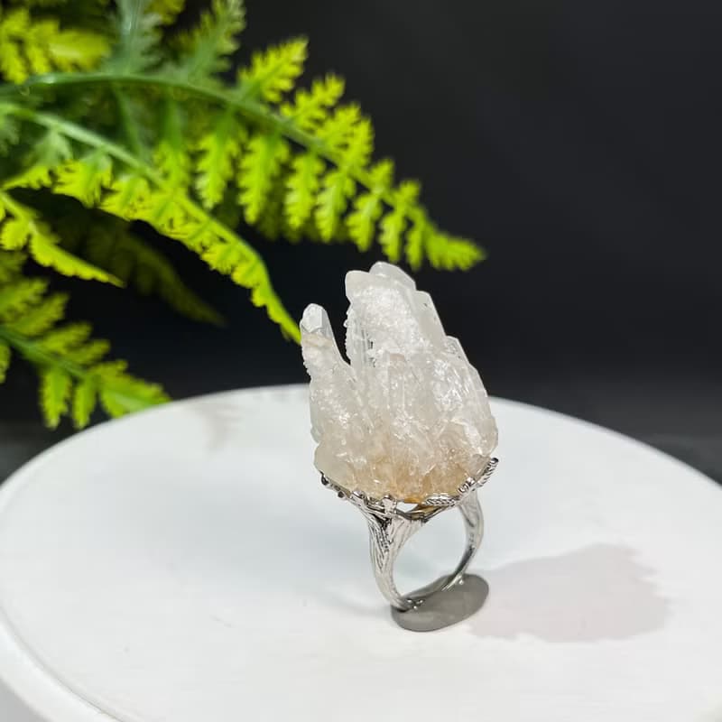 白水晶活口戒指 星光閃片隨形晶柱晶簇原石標本手工指環 S925銀