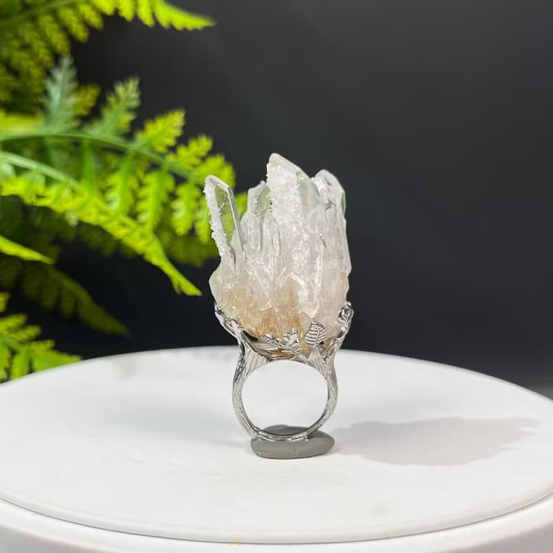 白水晶活口戒指 星光閃片隨形晶柱晶簇原石標本手工指環 S925銀