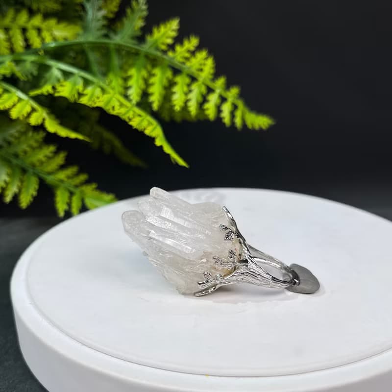 白水晶活口戒指 星光閃片隨形晶柱晶簇原石標本手工指環 S925銀