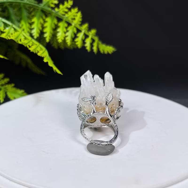白水晶活口戒指 星光閃片隨形晶柱晶簇原石標本手工指環 S925銀