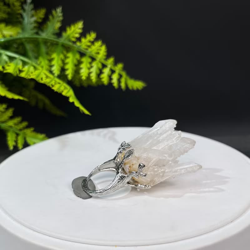 白水晶活口戒指 星光閃片隨形晶柱晶簇原石標本手工指環 S925銀