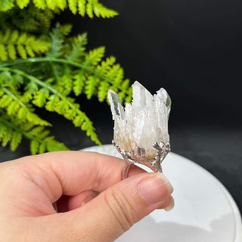 白水晶活口戒指 星光閃片隨形晶柱晶簇原石標本手工指環 S925銀