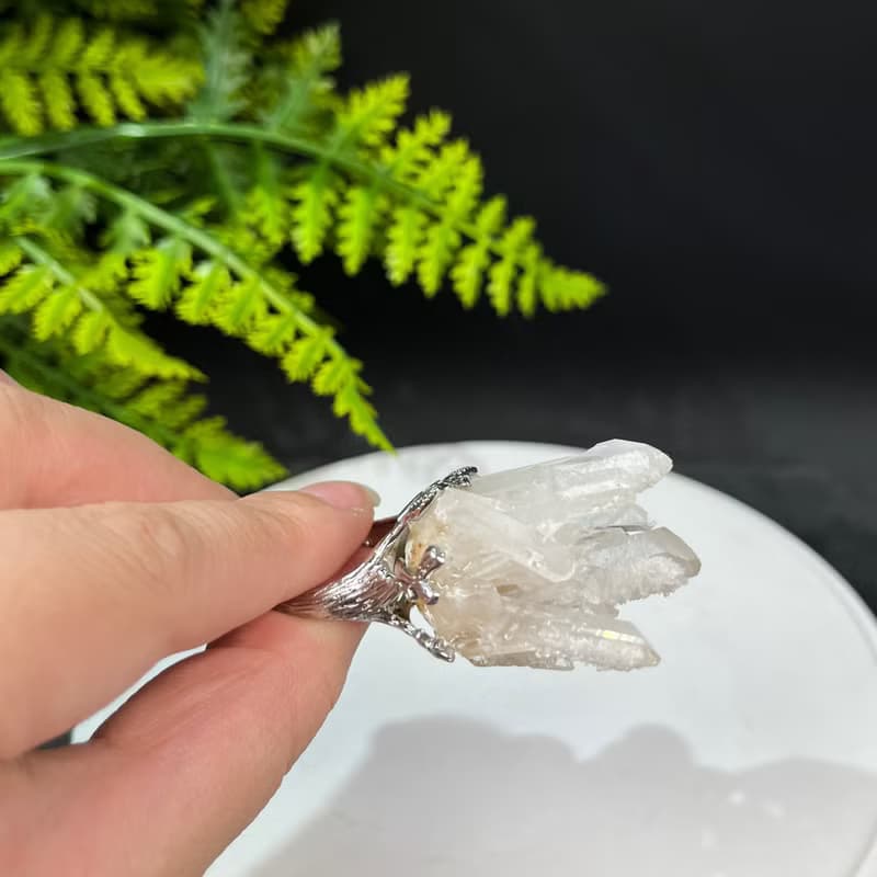 白水晶活口戒指 星光閃片隨形晶柱晶簇原石標本手工指環 S925銀