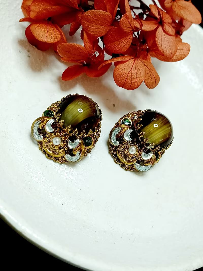 vintage jewelry  西德製 古董貓眼琉璃 夾式耳環